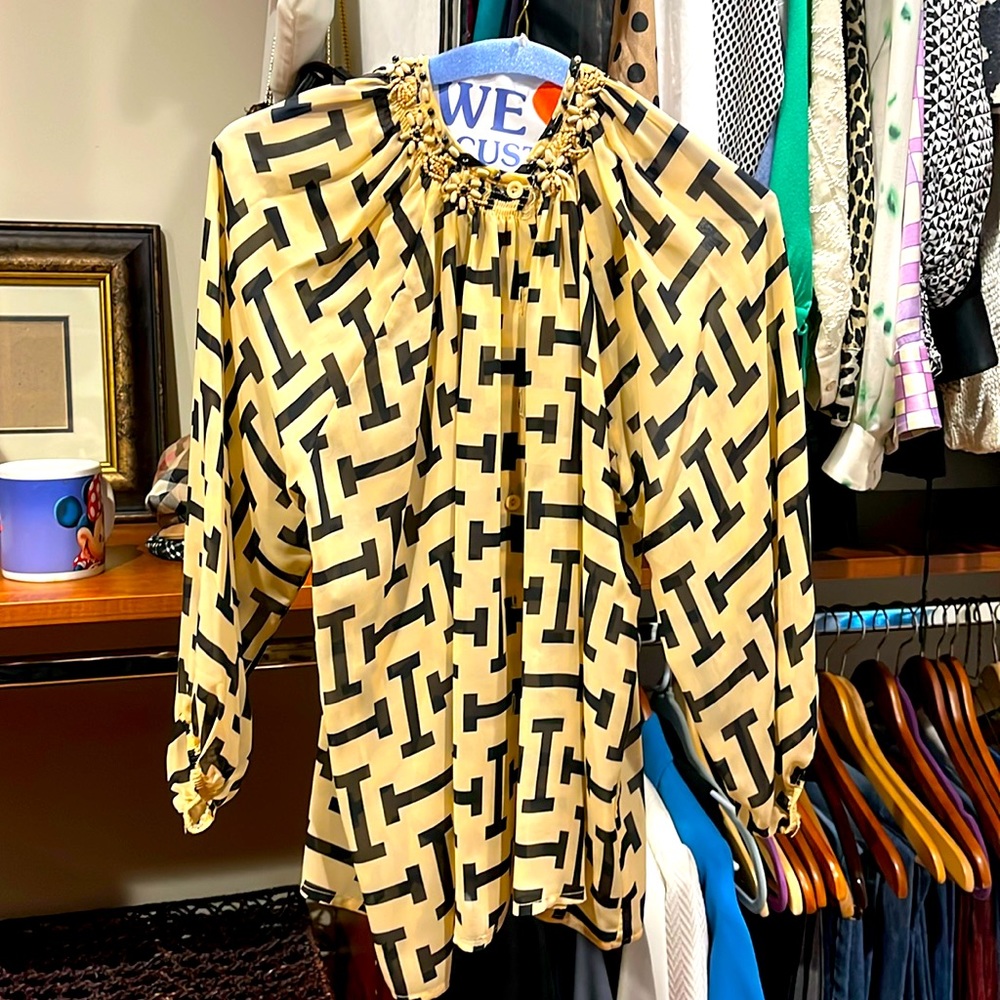 Tan and black patterned long sleeve sheer blouse